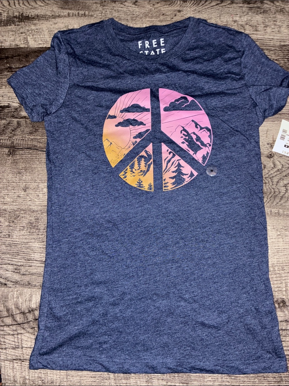 Free State Navy Tee with Pink and Yellow Sunset Peace Graphic medium